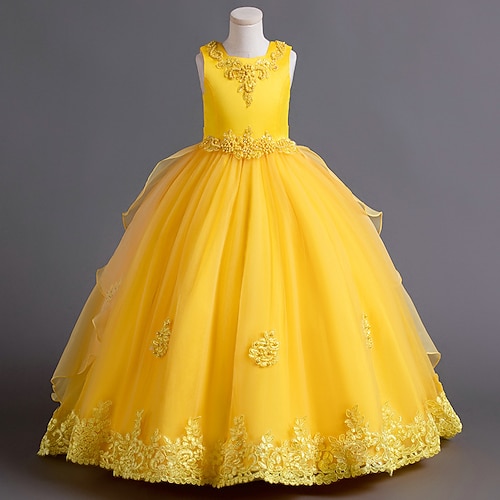 Blumenmädchenkleid Kinder Mädchen Prinzessinenkleid Leistung Hochzeit Party Elegant Schön Gitter Feste Farbe Ärmellos Rundhalsausschnitt Weiß Champagner 4 Jahre Image