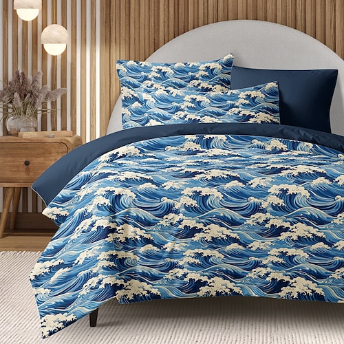 Bettbezug-Set mit Meereswellenmotiv, weiche Mikrofaser-Bettwäsche, lebendiges Wellendesign, inklusive Bettbezug und Kissenbezügen, farbecht, mit Reißverschluss, maschinenwaschbar, Queen-, King- und Twin-Größen, Küsten- und Strandthema Image