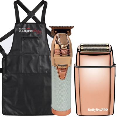 BaByliss Pro ROSEFX+ Cord/Cordless Outlining Trimmer Rose Gold FX787NRG + Cordless Double Foil Shaver FXFS2RG + Barber Apron
