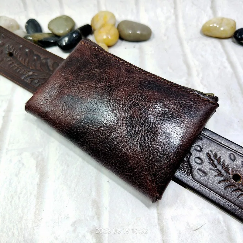 Blongk Sac ceinture en cuir véritable avec fermeture éclair, petit porte-carte de crédit, mini clé de voiture, étui en poudre, portefeuille pour hommes et femmes, L1006D-S