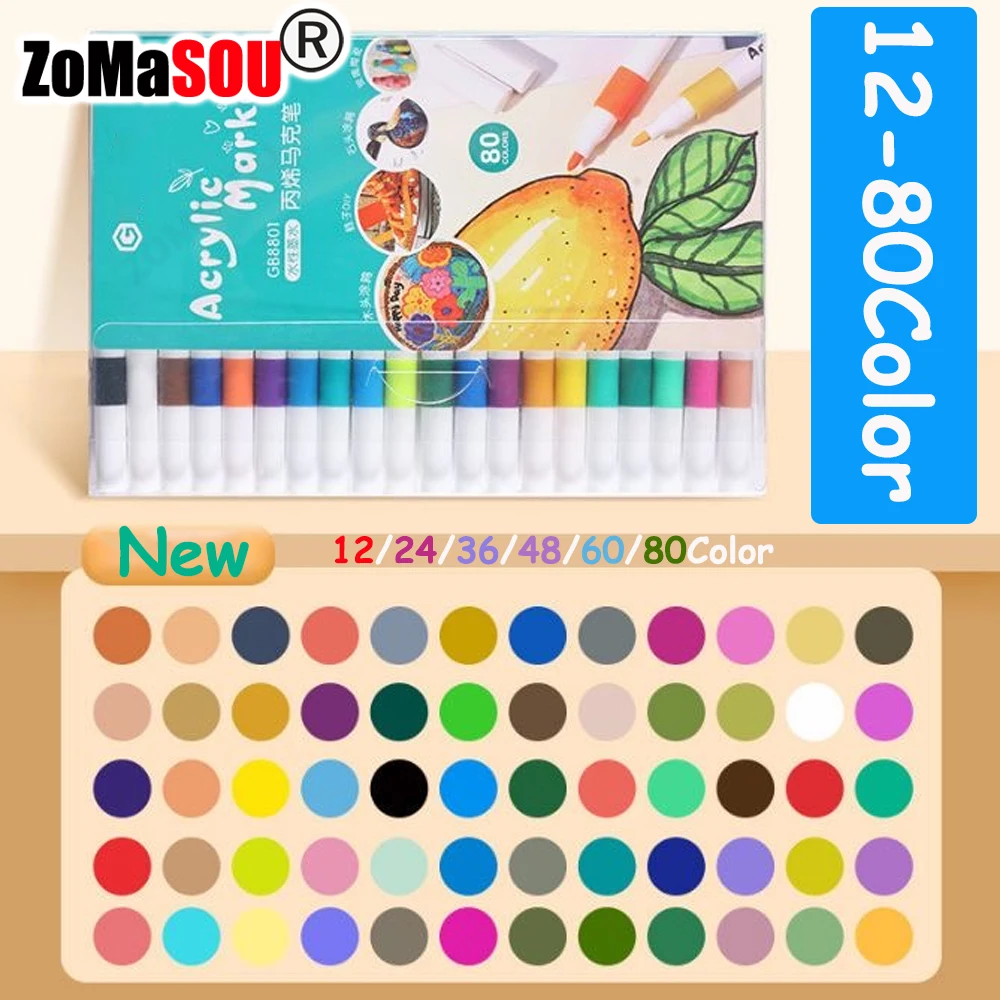 12–80 Farben Acryl-Farbstifte, Marker für Felsmalerei, Farbmarker auf Wasserbasis, Keramik, Osterei, Glas, Holz, Manga, DIY-Geschenk Image