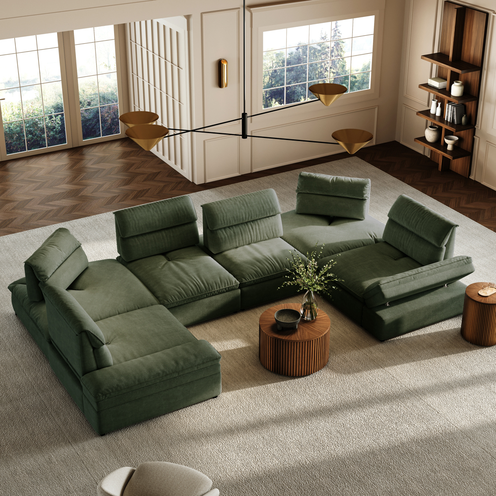 167.72"+U Shaped Sectional Sofa with Adjustable Backrest & Armrests, 23.62"- 35.43"Seating Depth, Segmented Backrest, Anti-scratch and Water-proof Fabric, Dark Green
