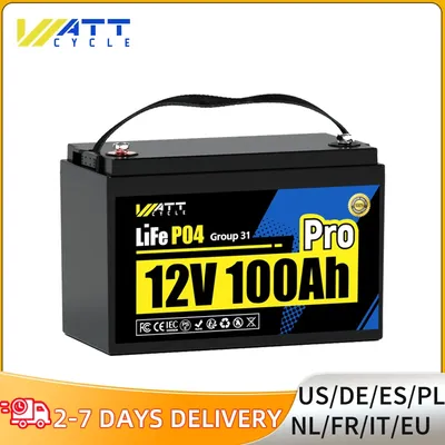 Wattcycle 12V 100Ah PRO Group 31 Size With 110A Smart BMS High Performance LiFePO4 Battery For Home