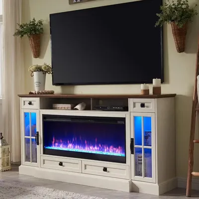 Fireplace TV Stand for 80 Inch TV, with 42" Fireplace & LED Lights, Storage Drawers Living Room,