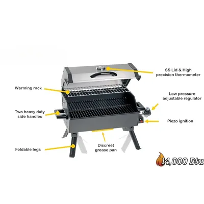 Propane Bbq Gas Grill 14,000 Btu Porcelain Grid with Support Legs and Grease Pan