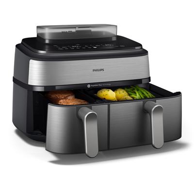 PHILIPS Heissluftfritteuse "Steam Airfryer 5000 Dual Basket NA555/00, Airfryen & Dampfgaren, 3L+6L", silber (silber, edelstahl), B:44,39cm H:38,25cm T:35,17cm, Fritteusen, RapidAir Plus Technologie und 19 Kochfunktionen; Silber/Edelstahl