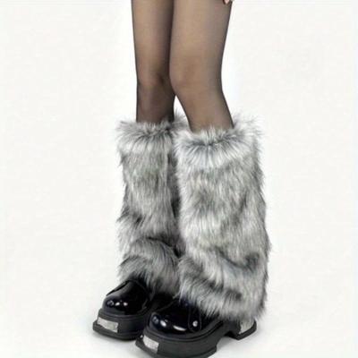 TEMU 1 Pair Women's Fur Knee High Socks, Polyester 95% Spandex 5% Knit Fabric, Solid Color, Machine Washable, Non-slip Warm Leg Warmers, Fashion Boot Covers Image