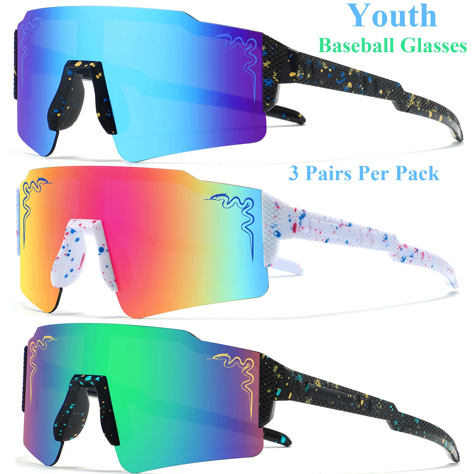 3 Paar Baseball-Sonnenbrillen für Jugendliche im Alter von 5 bis 18 Jahren, Jungen- und Mädchenbrillen, Outdoor-Sport-Fahrradbrillen für Kinder, Softball-Sonnenbrillen Image