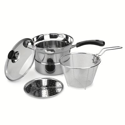 TEMU Senbowe Stainless Steel 3-in- Cookware Set - Durable Multi-use Pot With Deep Frying Basket, Steamer Insert, And Vented Glass Lid - Versatile Cookware For Frying, Steaming, And Cooking