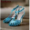 Surkova Türkis Samt Riemchen High Heel Sandalen aushöhlen Käfig Luxus Bankett Schuhe T-Bar Schnalle