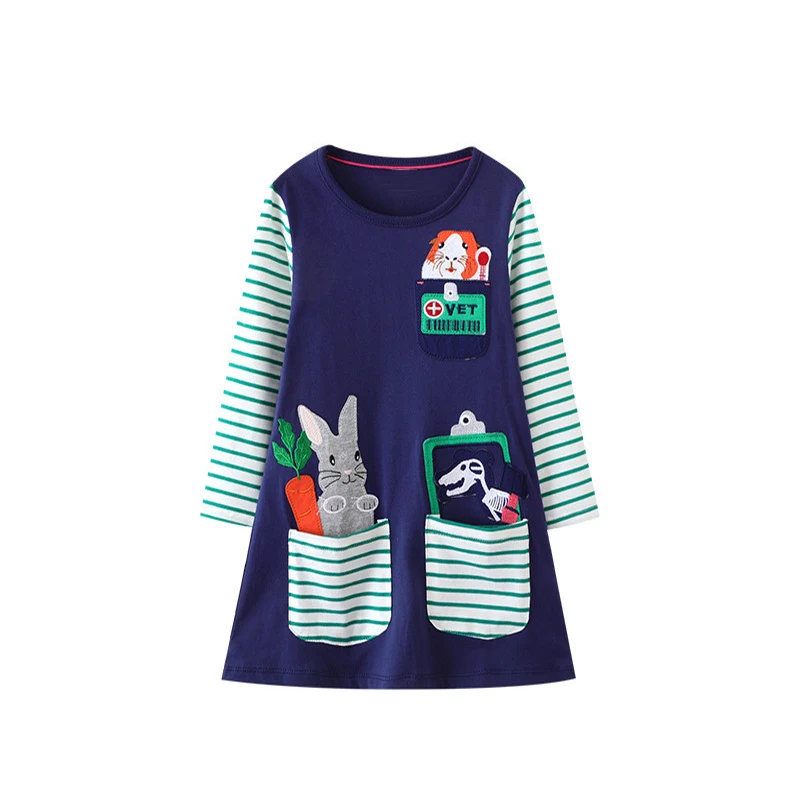 Jumping Meters Bunny Kinder Taschen Baby Mädchen Kleider Streifen Ärmel für Herbst Frühling Prinzessin Kostüm Langarm Tiere Kleid Image