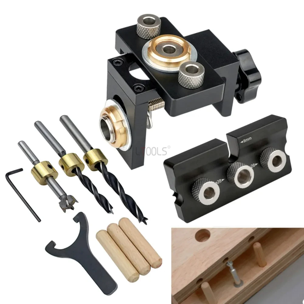 3-in-1 verstellbare Dübellehre, Holzbearbeitung, Taschenlochlehre mit 6/8/10/12/15 mm Bohrer für Bohrführung, Locator, Puncher-Werkzeug Image