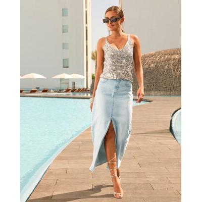 Boston Proper - Light Wash Blue - Front Slit Denim Midi Skirt - 0