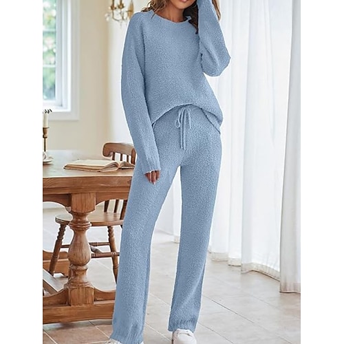 Damen Schlafanzug Set Warm Brautkleider schlicht Komfort Einfarbig Elastische Taille Pullover Hose Heim Täglich Langarm Rundhalsausschnitt Rosa Blau Beige Herbst Winter Image
