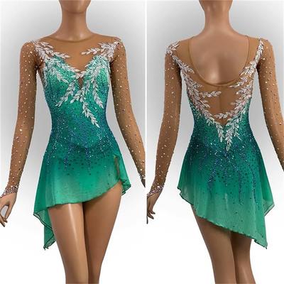 Figure Skating Dress Women's Girls' Ice Skating Dress Green Open Back Asymmetric Hem Mesh High Elasticity Training Competition Skating Wear Classic Crystal / Rhinestone Long Sleeve Ice Skating Figure