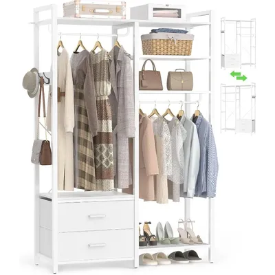 Clothes Rack for Hanging Clothes - Reversible Clothing Rack with 2 Drawers, Heavy Duty Garment Rack