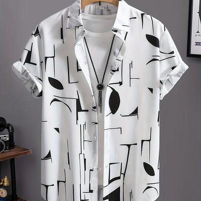 TEMU Men's Casual Short-sleeve Button-up Shirt With Geometric Pattern - Lightweight Non-stretch Fabric, Summer, Beach, Hiking & Outdoor Activities, Casual Attire|modern Casual Shirt|lightweight Shirt Image