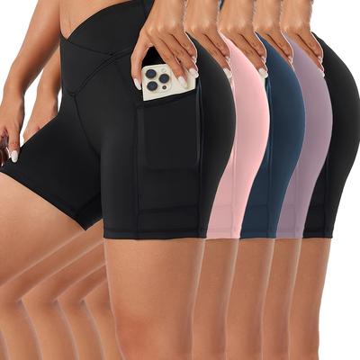 TEMU 5pcs Women' Leggings With Wide Waistband, Abdominal Control, Yoga & Cycling Shorts Featuring Phone Pockets - Stretchy, Comfortable, And Stylish For Spring/summer/fall Image