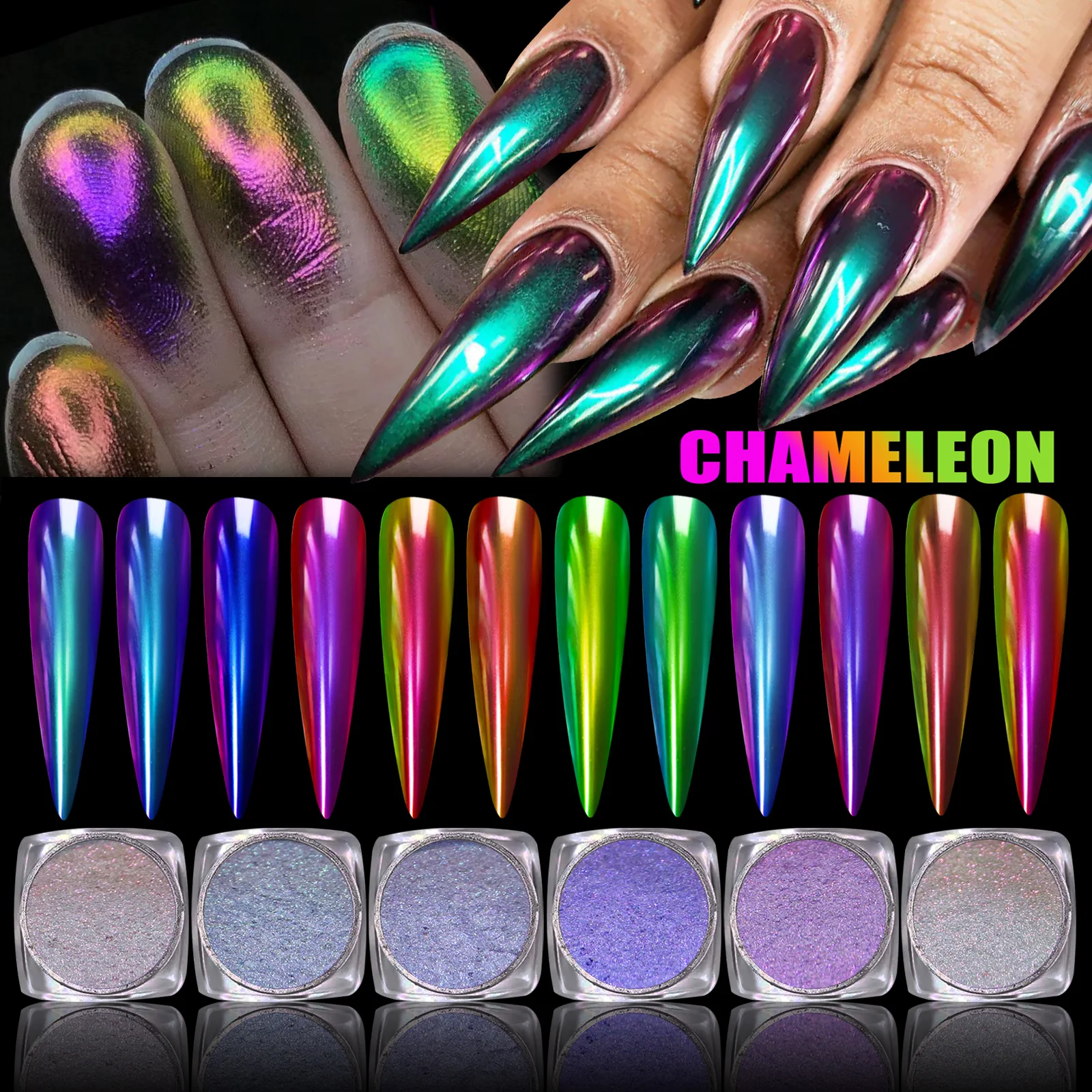Magisches Spiegelpulver Chamäleon Polarisierender Nagelglitzer High-Light Diamond Holographic Nail Art Pigmente DIY UV Gel Maniküre Staub Image