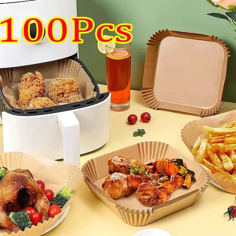 50/100 Stück quadratische Airfryer-Papiere, antihaftbeschichtetes Einwegpapier, große Luftfritteuse, Einweg-Lebensmittel, Haushalt, Küche, ölabsorbierend Image