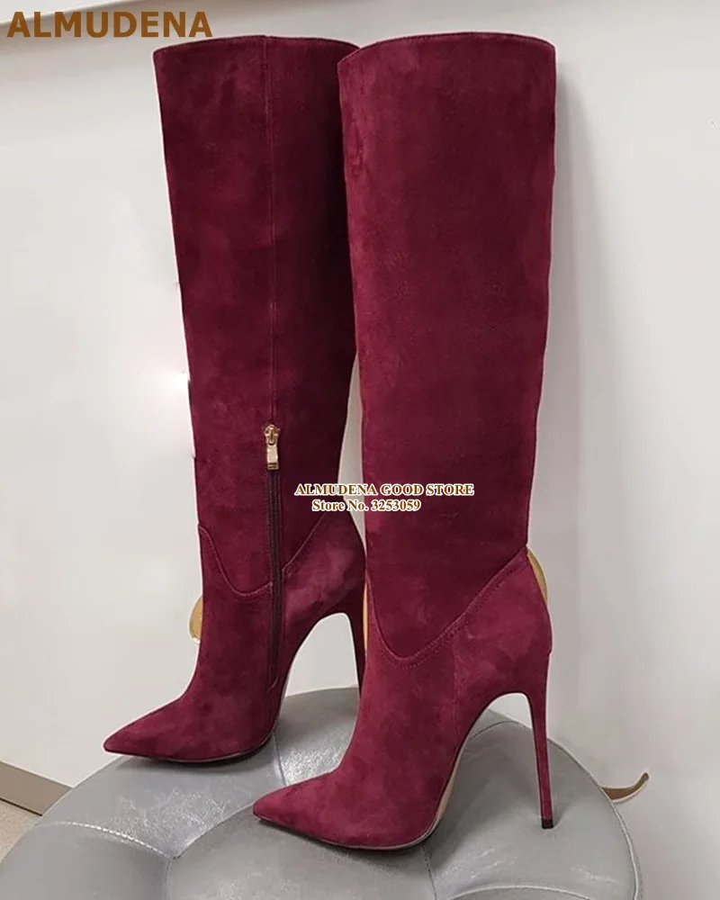 ALMUDENA Kniehohe Stiefel aus burgunderrotem Kaffee-Wildleder, eleganter Stiletto-Absatz, spitze Zehenstiefel, Herbst-Winter-langes Kleid, hohe Stiefel