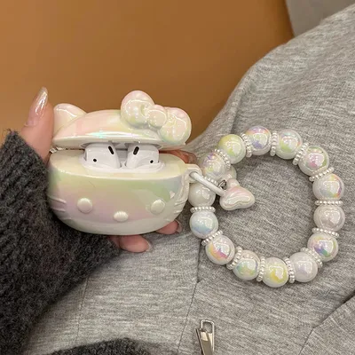 Luxus Laser 3D Sanrios Hallo Kitty mit Lanyard für AirPods 1 2 3 4 Pro 2 Fall IPhone Kopfhörer Zubehör Air Pod Abdeckung Funda Image