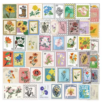 50 Stück Vintage Blumenstempel Aufkleber Ästhetische Kunst PET Aufkleber Scrapbooking Label Tagebuch Schreibwaren Computer Kühlschrank Image