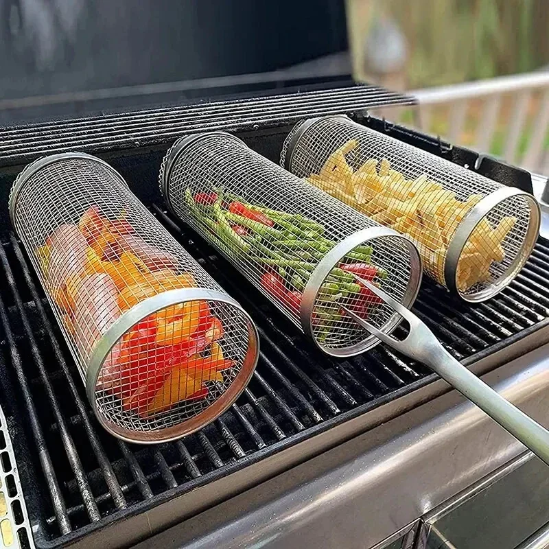 Edelstahl BBQ Grill Korb Draht Mesh Zylinder Tragbare Runde Grill Korb Grill Rack Outdoor Camping Begasungsgerät lecker