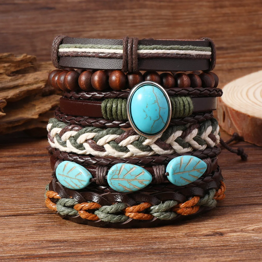 Vintage Böhmischer Stil Ethnisches Leder Herrenarmband Mehrschichtig Türkis Naturstein Hanf Twist Seil Armbänder Geschenke