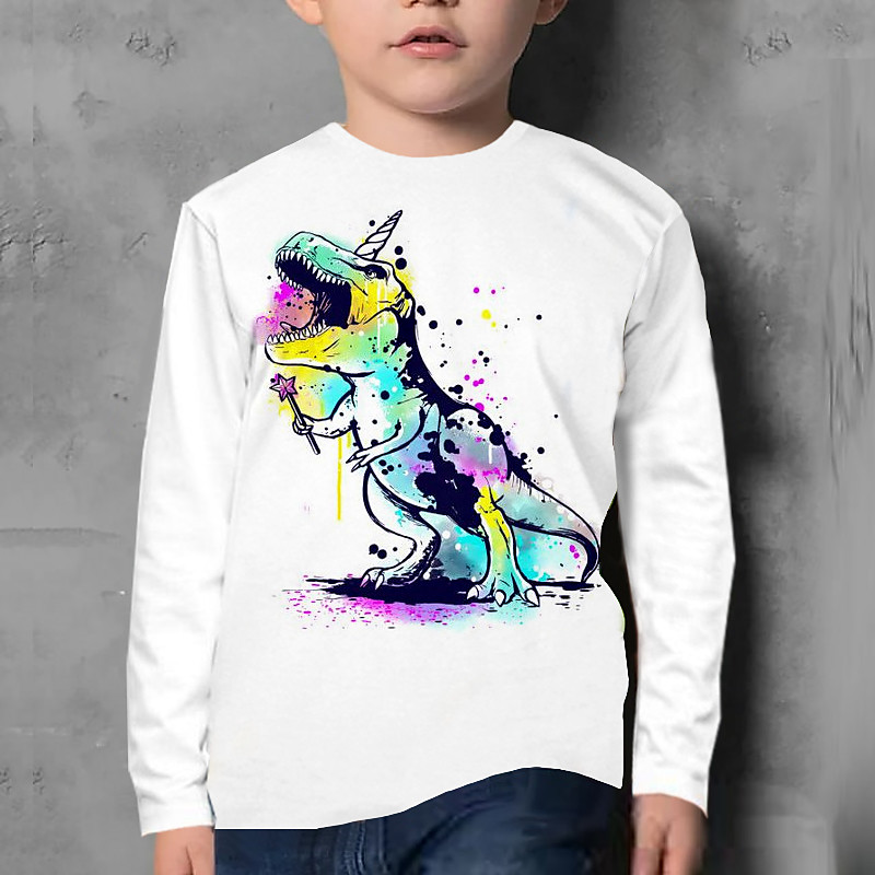 Kids Boys T shirt Tee Animal Dinosaur Long Sleeve Crewneck Children Top Casual 3D Print Cool Daily Fall Winter White 7-13 Years