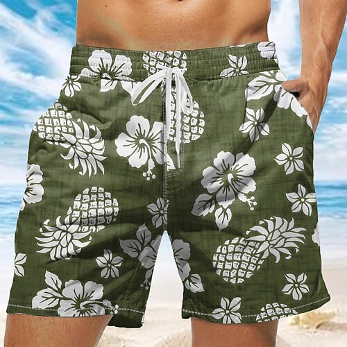 Herren Ananas Tropische Blumen Badehosen Badeshorts Boardshorts Mittlere Taille Tropisch Streetwear Hawaiianisch Urlaub Täglich Ferien Kordelzug Elastischer Bund 3D-Druck Designer Bekleidung Image