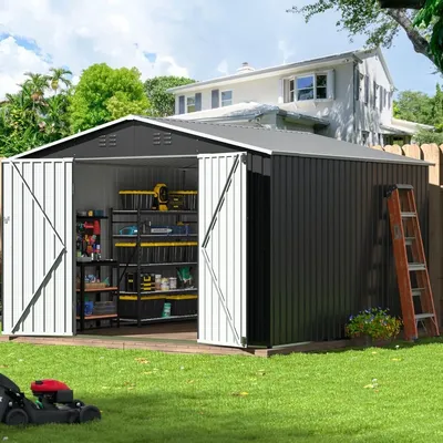 10x10 FT Outdoor Storage Shed, Garden Shed with Updated Frame Structure and Lockable Doors, Metal