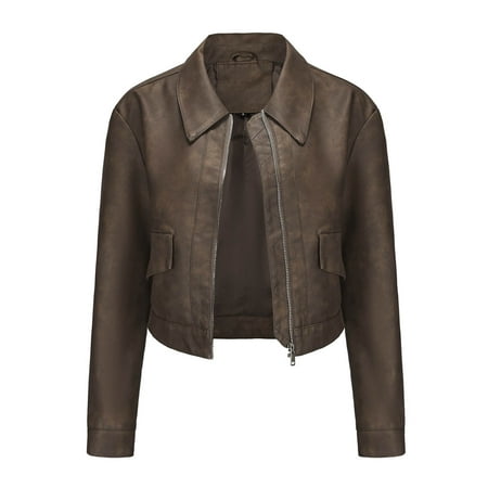 Ashirexll Leather Jacket Women Fall Oversized Solid Color Short Thin Leather Jacket Long Sleeve Lightweight Zip Up Motorcycle Jacket Biker Coat Coffee S