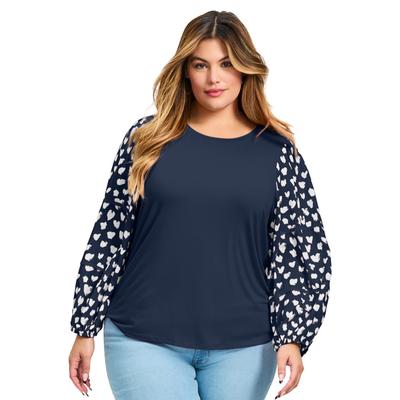 Plus Size Women's Mix Media Heart Sleeve Top by Avenue in Navy (Size 18)