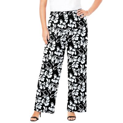 Plus Size Women's Ultrasmooth® Fabric Wide-Leg Pant by Roaman's in Black White Flowers (Size 6X) Stretch Jersey