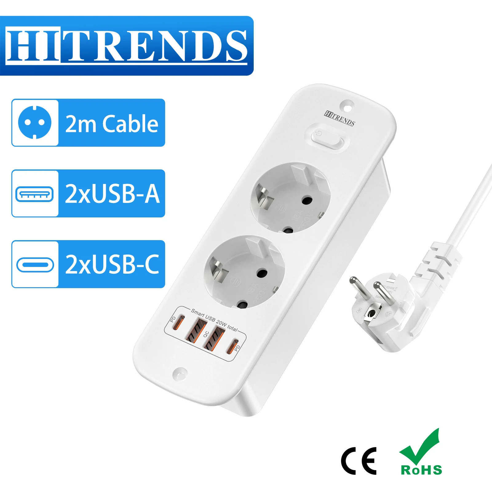 EU-Stecker-Steckdosenleiste, integrierte Steckdose mit 2 USB-2 Typ C, Schnellladung, Tisch-Einbausteckdose, 2 m Kabel, 2 AC-Steckdose für Möbel Image