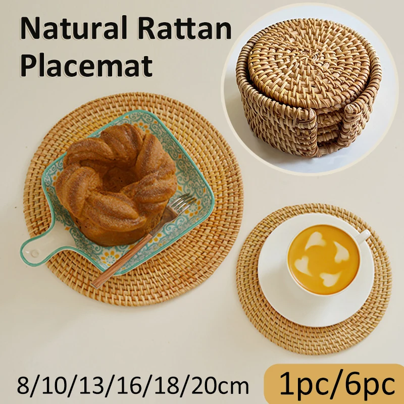 Handgewebter Rattan-Untersetzer, 1 Stück/6 Stück, rund, natürlich gewebt, Rattan-Tassenuntersetzer, Getränkebecher, Topf, Tee, Kaffee, Tischset, Küchenzubehör Image