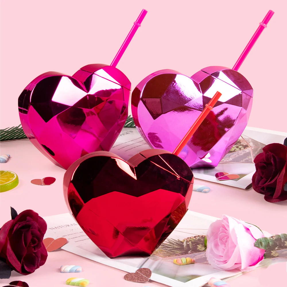1 stücke Rot Rosa Herzförmige Kunststoff Stroh Tasse Wasser Flasche Valentinstag geschenk Disco Tasse Hochzeit Bachelorette partei liefert Image