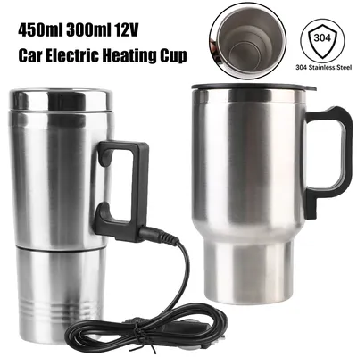Car Electric Heating Cup Stainless Steel Camping Travel Kettle Vehicle Heating Cup Water Coffee Milk Thermal Mug 12V 450ml/300ml