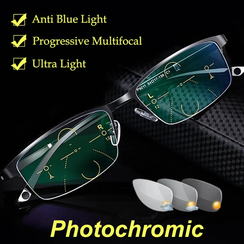 Photochrome Lesebrille Männer Progressive Multifokale Anti Blau Licht Lesebrille TR90 Hyperopie Presbyopie Brille Image