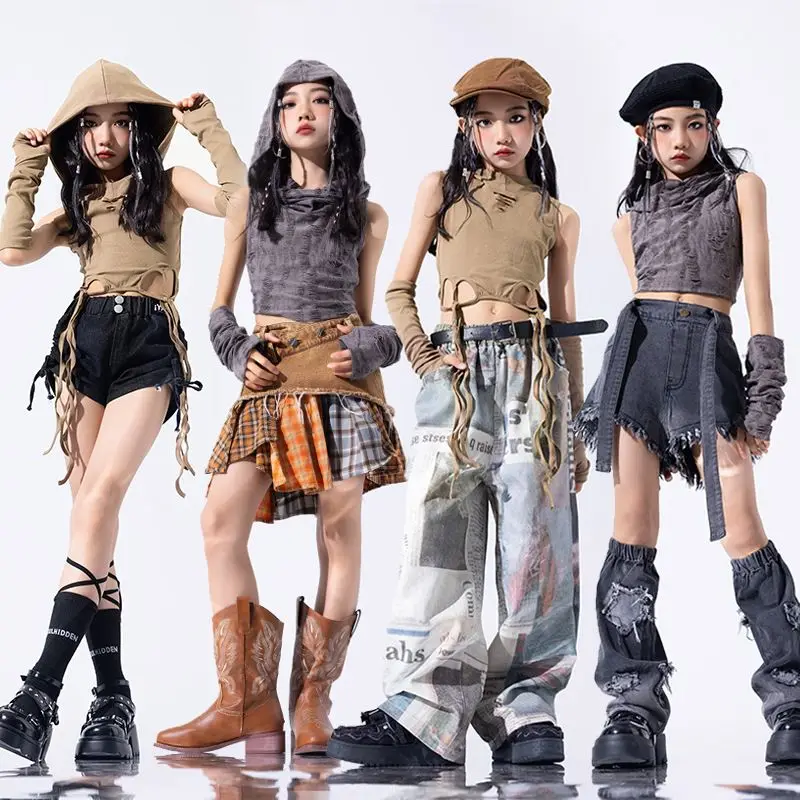 Mädchen Hip Hop Gesellschaftstanz Kostüme Kinder Jazz Dance Bühne Outfits Kind Dancewear Kaffee Grau Top Gelb Plaid Denim Rock