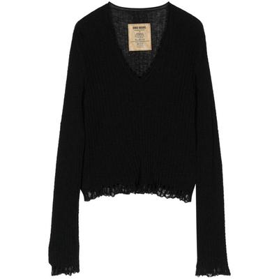 Distressed-Efffect V-Neck Jumper - Black - Uma Wang Knitwear