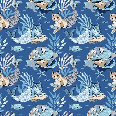 PrintFresh Meowing Mermaids Blue Peel and Stick Wallpaper