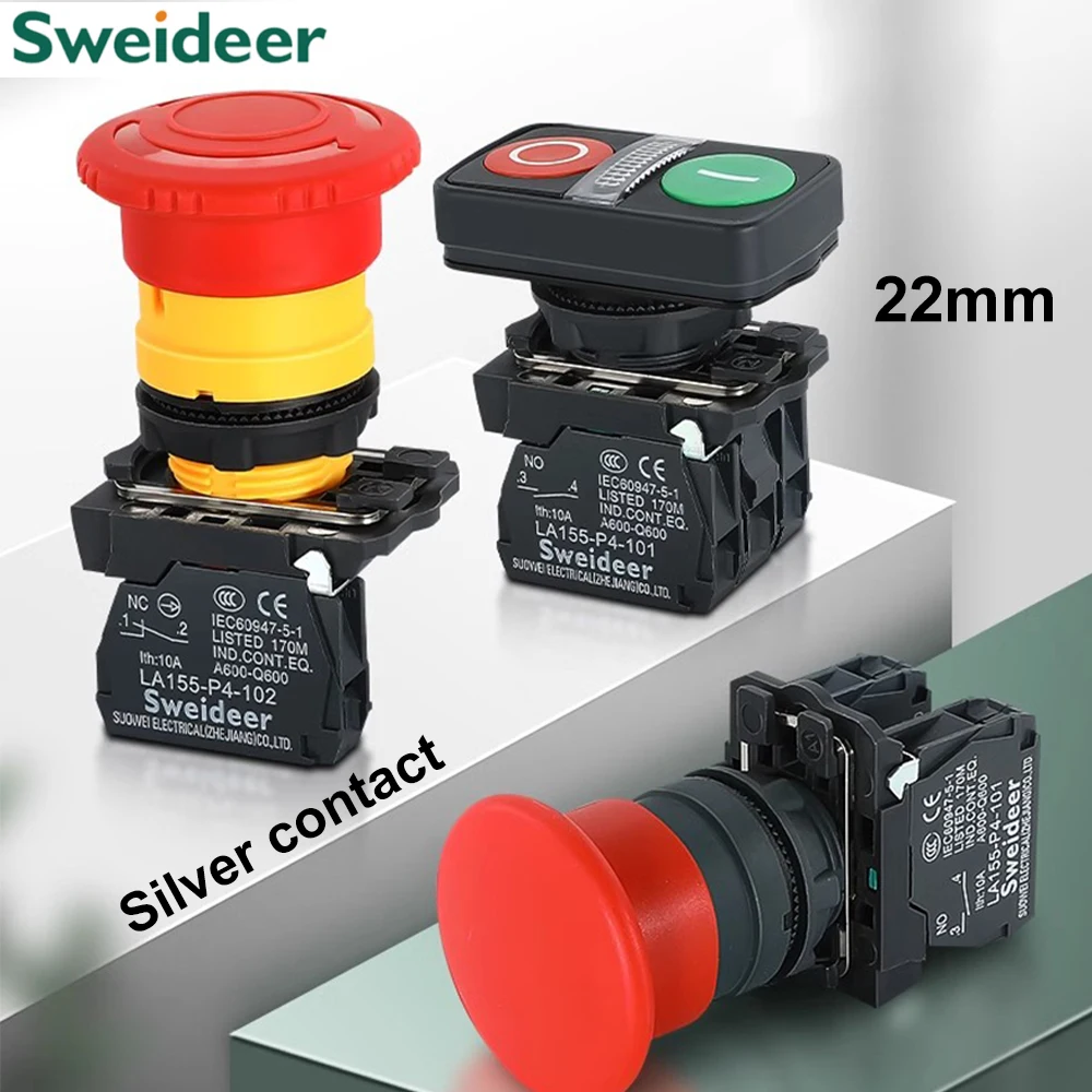 XB4 Interruttore a doppio pulsante con luce 22mm Interruttore a pulsante di arresto di emergenza Momentaneo Auto Reset Interruttore a pulsante di alimentazione a fungo 10A