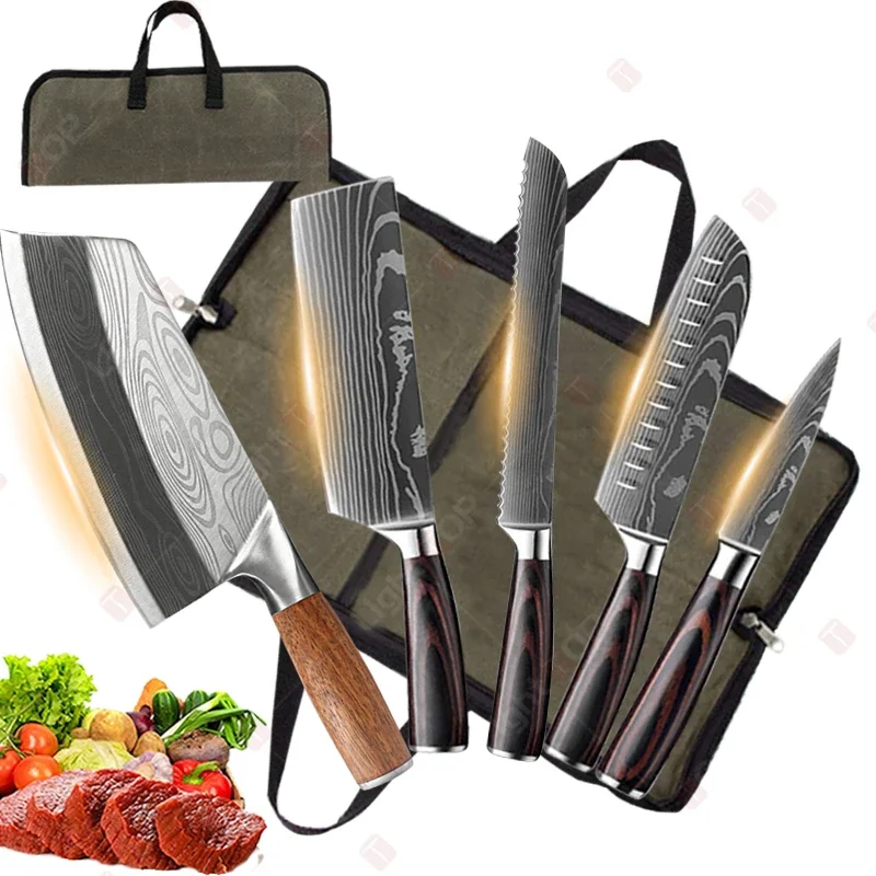 Professionelles Ausbeinmesser, Damaskus-Laser-Kochmesser-Set mit Rollenmessertasche, geschmiedetes Küchenmesser und Obstschneidemesser Image