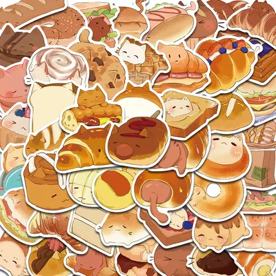 50PCS Nette Cartoon Brot Katze Aufkleber Laptop Wasserdichte Ästhetische Notebook Café Landschaft Wasserdichte Wand Notebook Aufkleber Image