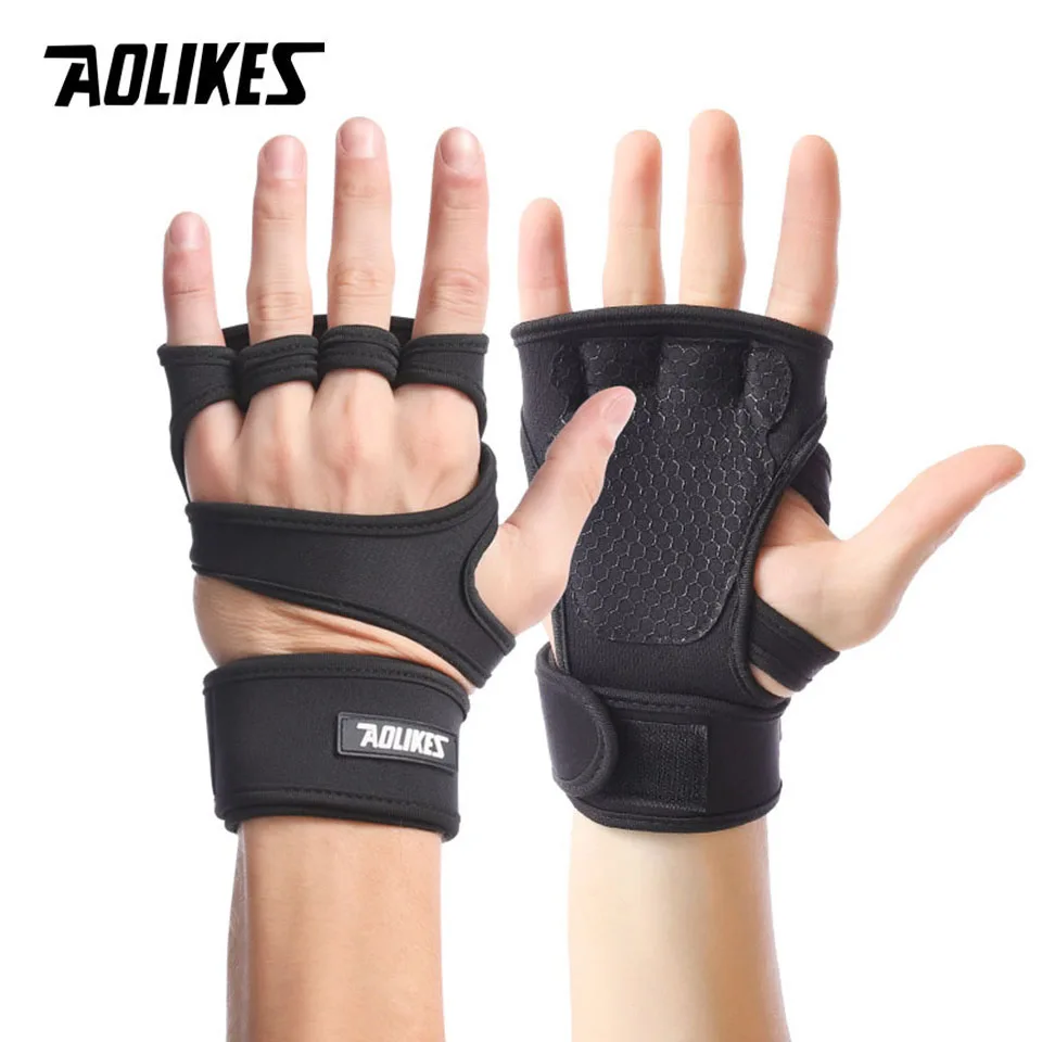 AOLIKES Fitness-Handschuhe zum Gewichtheben mit Handgelenkbandagen, Silikongel, vollständiger Handflächenschutz, Fitnessstudio, Workout-Handschuhe, Power Lifting Image