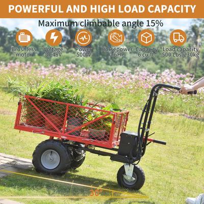 Electric Power Cart, 48V DC Brushless Motor, 500lbs Load Capacity, 6 Cuft, Rechargeable Lead-Acid Battery, Garden - Steel