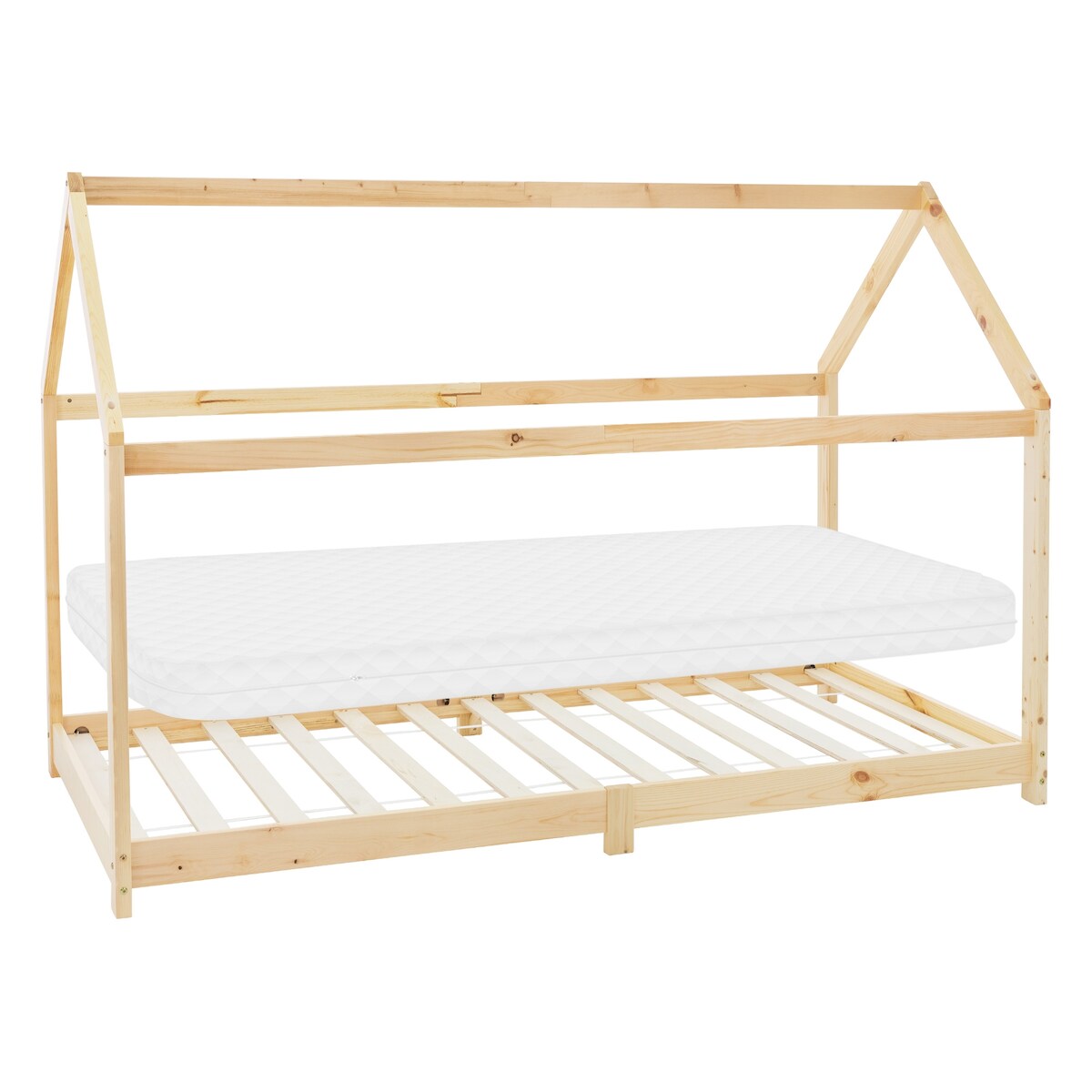 ML-Design Kinderbett 90x200 cm Natur mit Matratze H:10 cm, Dach & Lattenrost, Hausbett aus Kiefernholz, Kinderhaus Bodenbett Spielbett Jugendbett Image