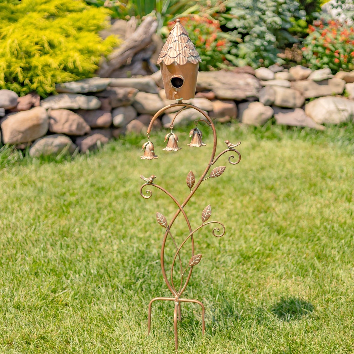 45" Tall Elegant Iron Birdhouse Stake with 3 Dangling Angel Trumpet Bells - 13.25" L x 5.5" W x 45" H